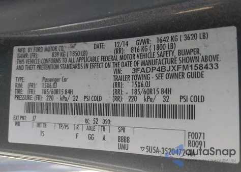 2015 Ford Fiesta Se из США, поврежденный, VIN 3FADP4BJXFM158433